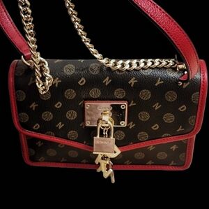 🍂DKNY Brown And Red Crossbody Bag With Gold Accents